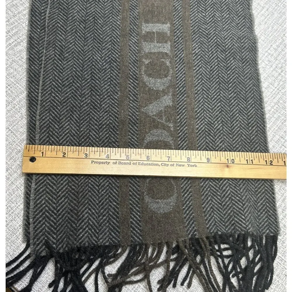 Coach Black Grey Herringbone Logo Scarf Wool Cashmere Rectangular Fringe Reverse